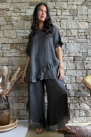 Rustic Nature Bubble Cotton Raw Frill Top Washed Charcoal